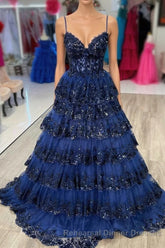 Spaghetti Straps White Layered A-Line Semi Formal Prom Dress with Sequin